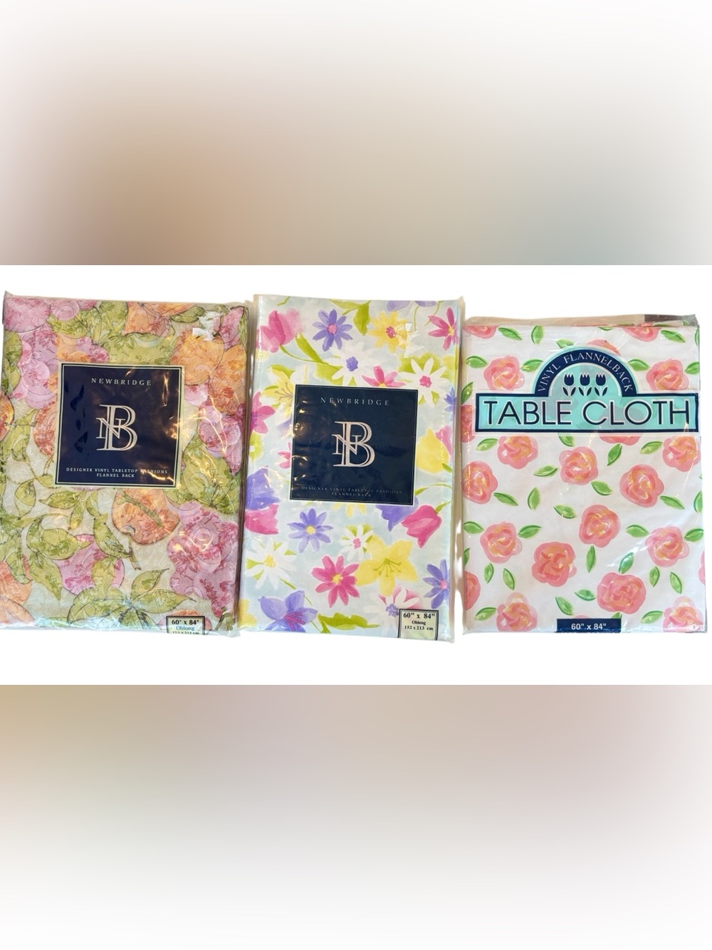 Lot of 3 Vinyl Flannel Back Tablecloths – 60” x 84” Oblong – New Floral Prints